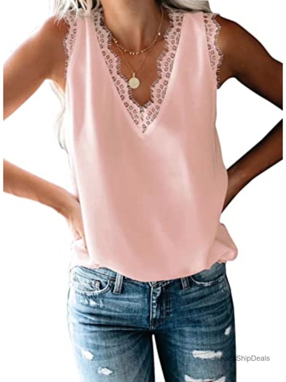 Elegant Lace Trim V-Neck Tank Top Loose Fit Summer Shirt